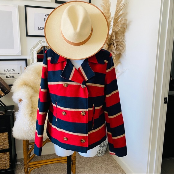 Jack Striped Cropped Rugby Style Double Breasted Pea Coat Rugby Stripes Size S - Picture 5 of 11